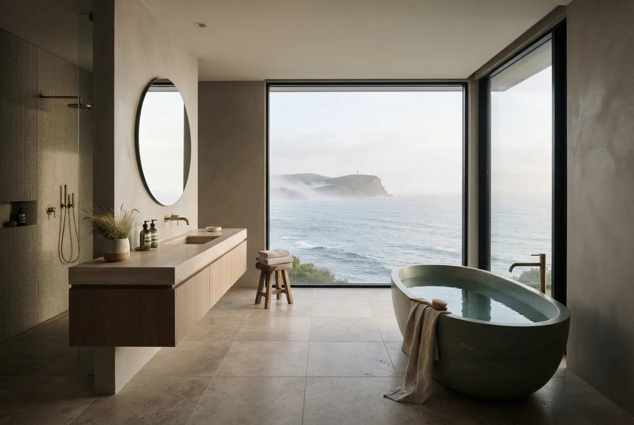 Bathroom with a stone tub, floating oak vanity, brass tapware and an ocean outlook