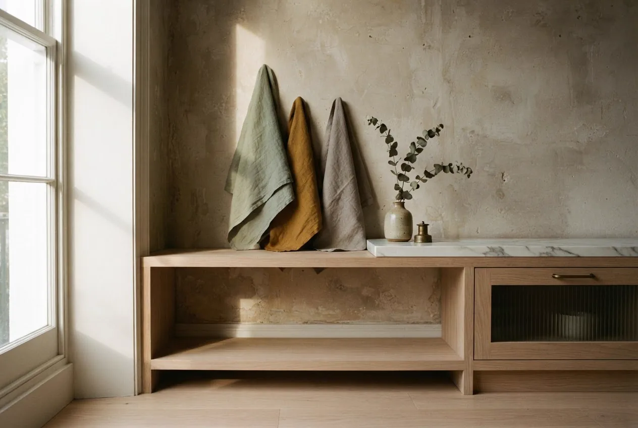 Oak bench joinery against a limewash wall with sage, ochre and mushroom linen and a marble benchtop