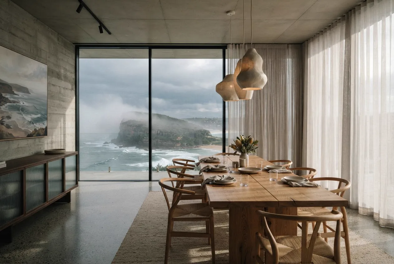 Dining room with a timber table, wishbone chairs and sculptural pendants facing a misty headland