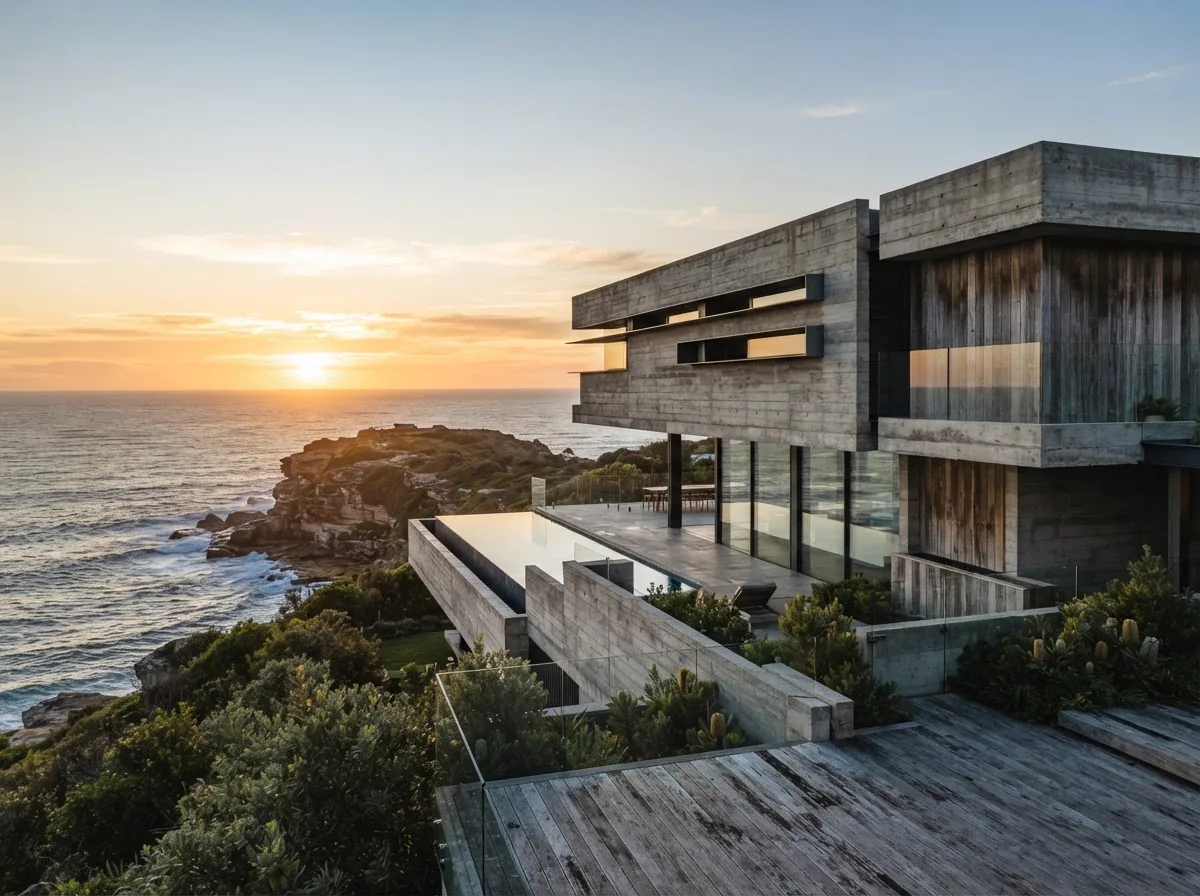 Concrete and weathered timber home on a clifftop at sunset with a pool overlooking the water