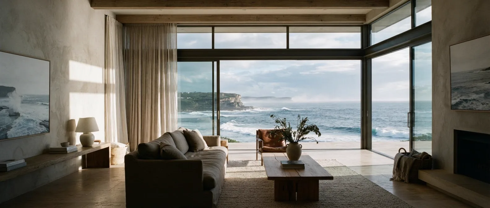 Coastal living room with full-height glazing looking out to a headland and open ocean
