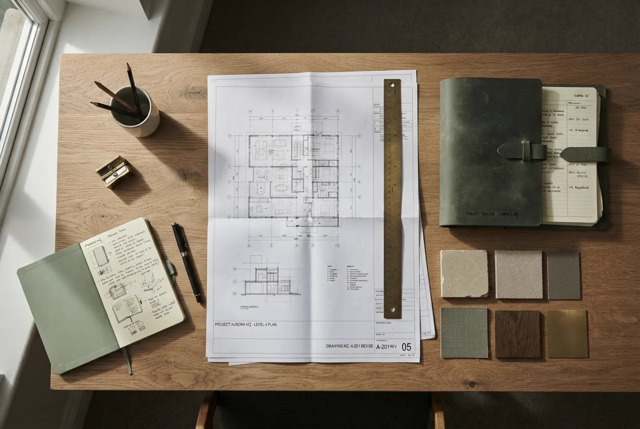 Floor plans, a brass ruler, notebooks and material samples laid out on a desk